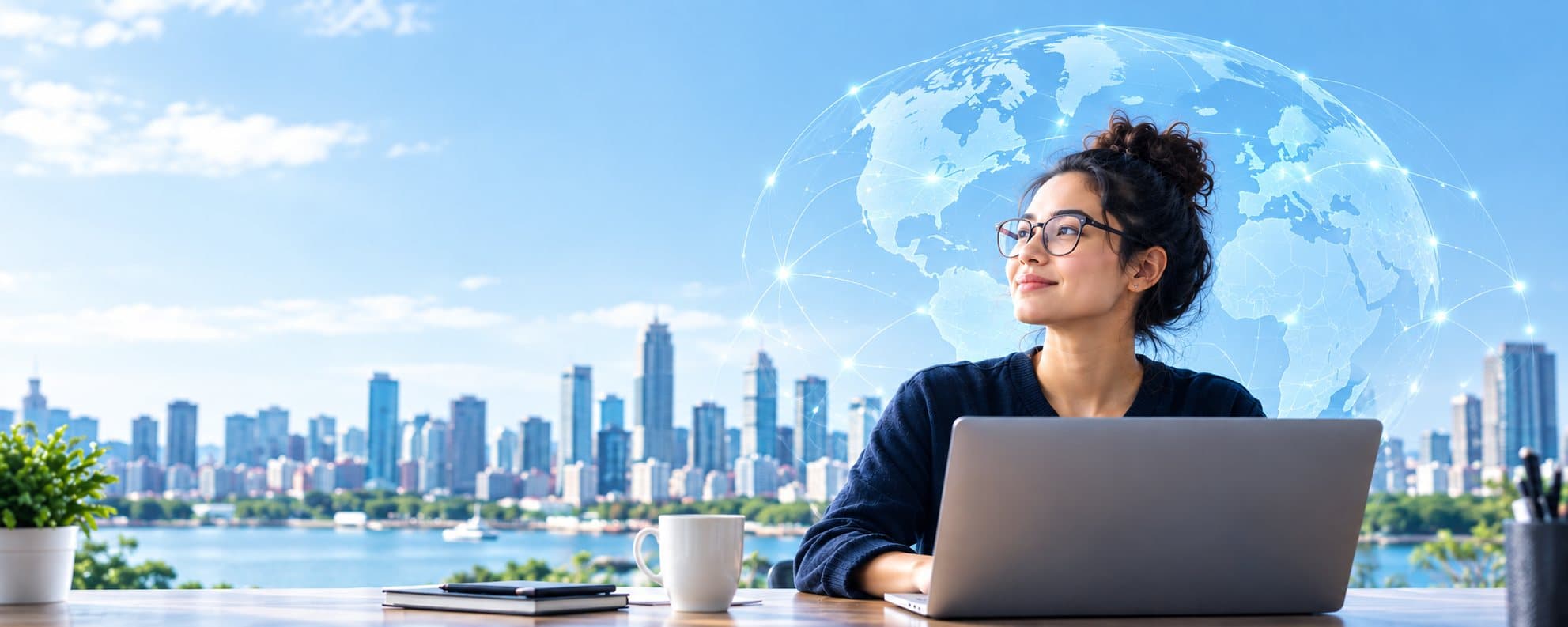 Professional smiling at a laptop in front of a world map and a waterfront city skyline on a sunny day