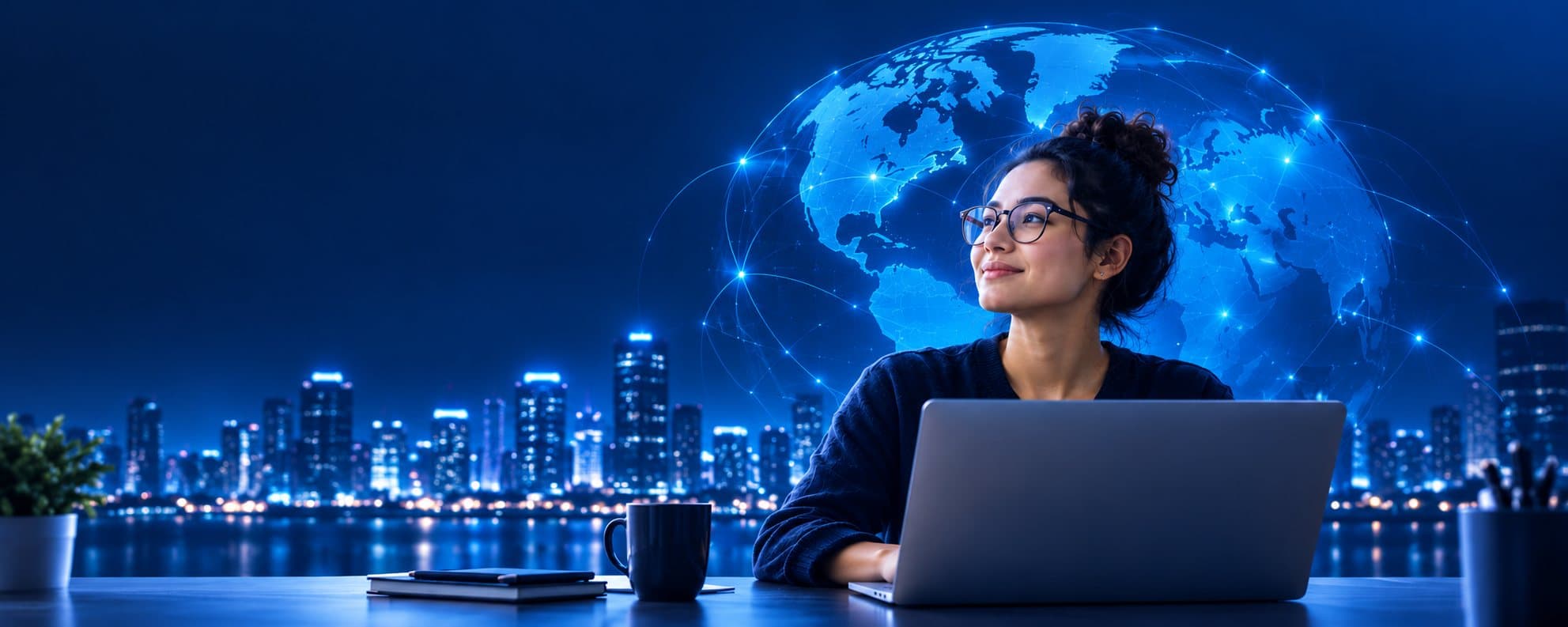 Professional smiling at a laptop in front of a glowing world map and city skyline at night